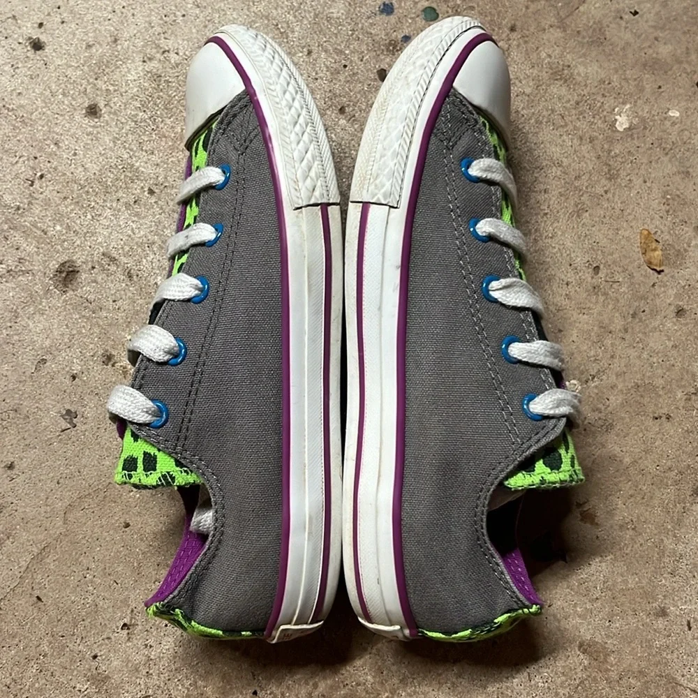 Converse All Star Shoes Gray Neon Animal Print Double Tongue Junior Size 3